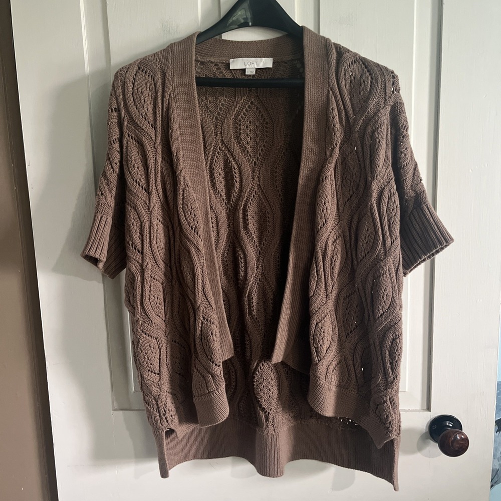 LOFT Brown Cable-Knit Open Cardigan Sweater Women's Lagenhook Boho 100% Cotton S